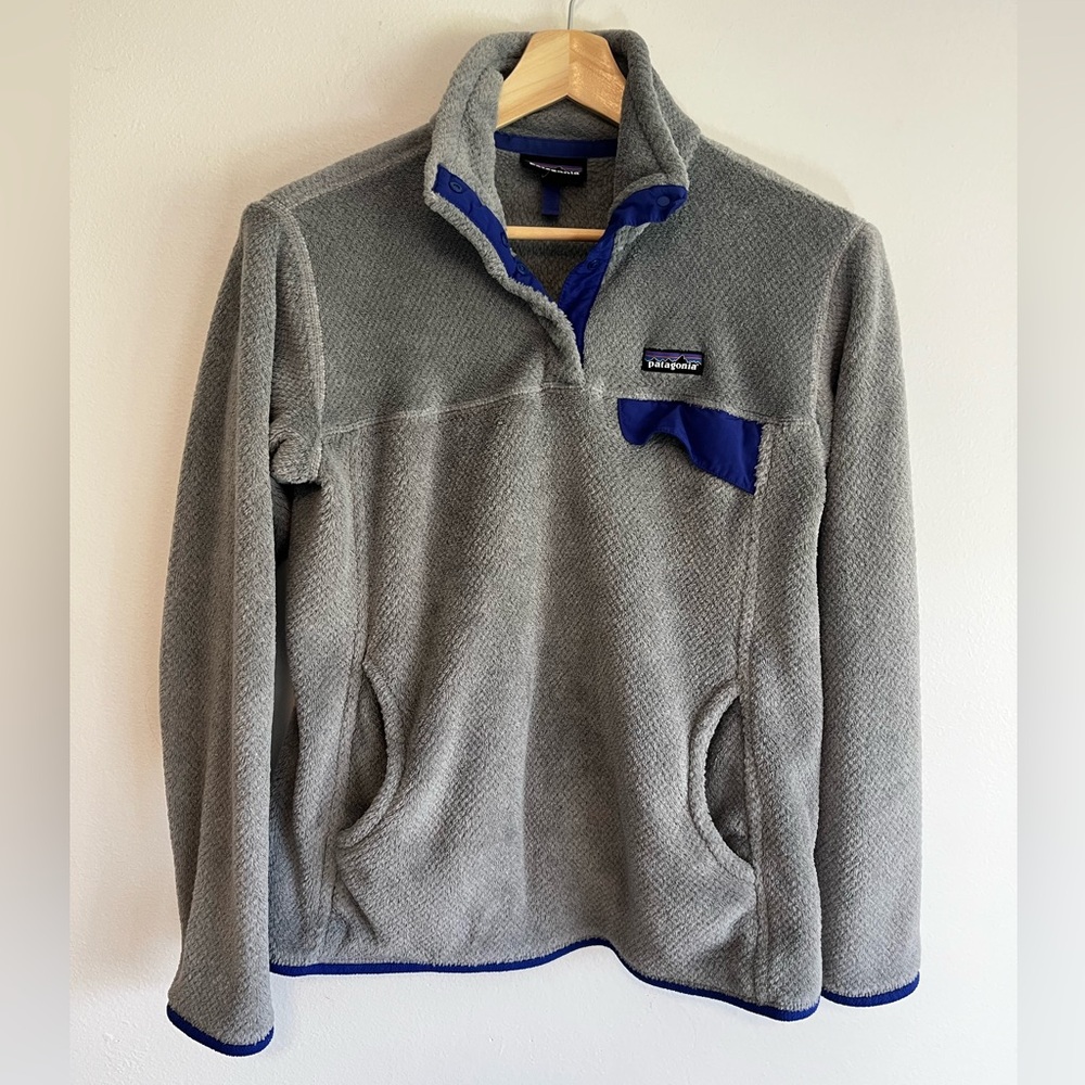 Patagonia Re-Tool Snap-T Pullover in Grey and Blue, Kangaroo Pocket Women’s L